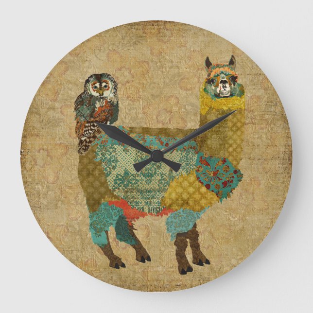 Gold Alpaca & Teal Owl Wall Clock Große Wanduhr (Vorderseite)