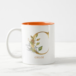 Gold Alphabet C Monogram | Blätter Zweifarbige Tasse