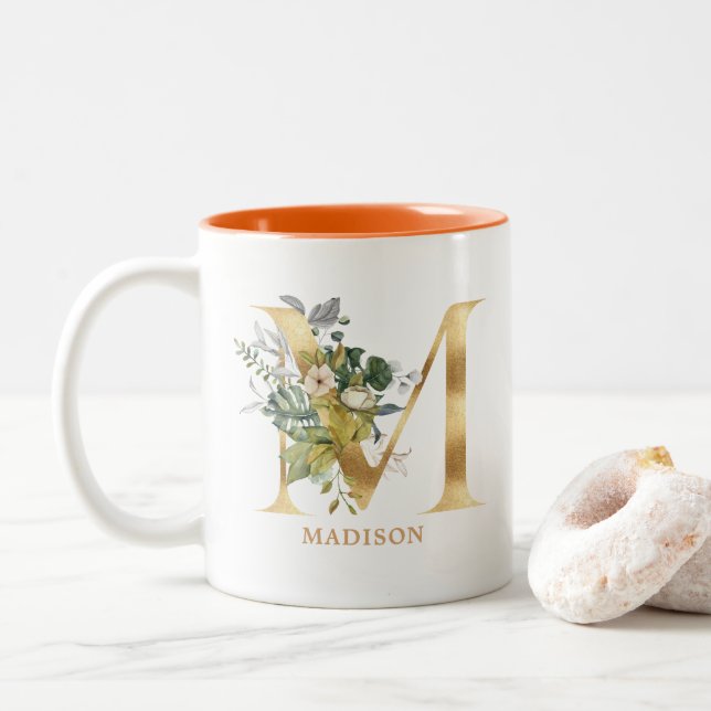 Gold Alphabet M Monogram | Blätter Zweifarbige Tasse (Mit Donut)
