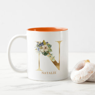 Gold Alphabet N Monogram   Blätter Zweifarbige Tasse