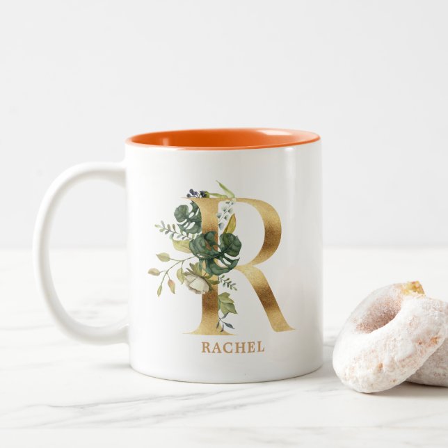 Gold Alphabet R Monogram | Blätter Zweifarbige Tasse (Mit Donut)