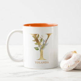 Gold Alphabet Y Monogram | Blätter Zweifarbige Tasse