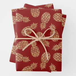 Gold Ananas auf Deep Red Geschenkpapier Set