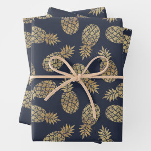 Gold Ananas auf Navy Blue Geschenkpapier Set