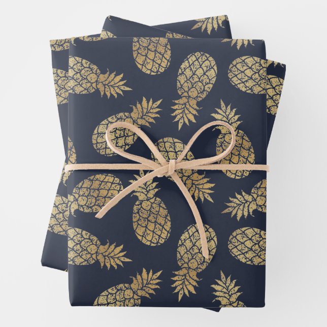 Gold Ananas auf Navy Blue Geschenkpapier Set (Beispiel)