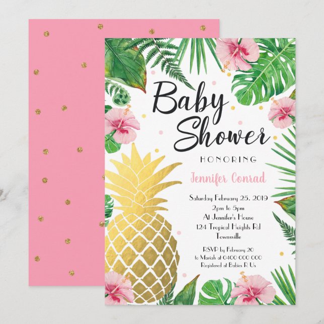 Gold Ananas Baby Shower Einladung, Tropical Einladung (Vorne/Hinten)