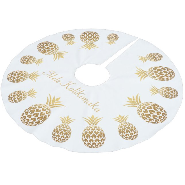 Gold Ananas Mele Kalikimaka Hawaiianische Weihnach Polyester Weihnachtsbaumdecke (Schrägansicht)