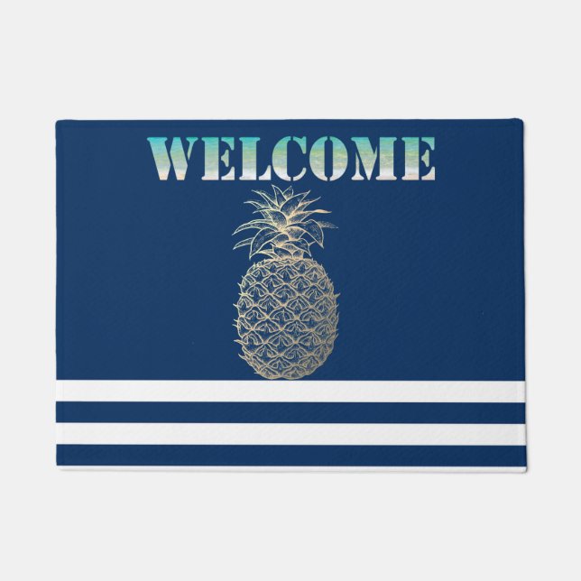 Gold Ananas Nautical Navy Blau Streifen Fußmatte (Vorderseite)
