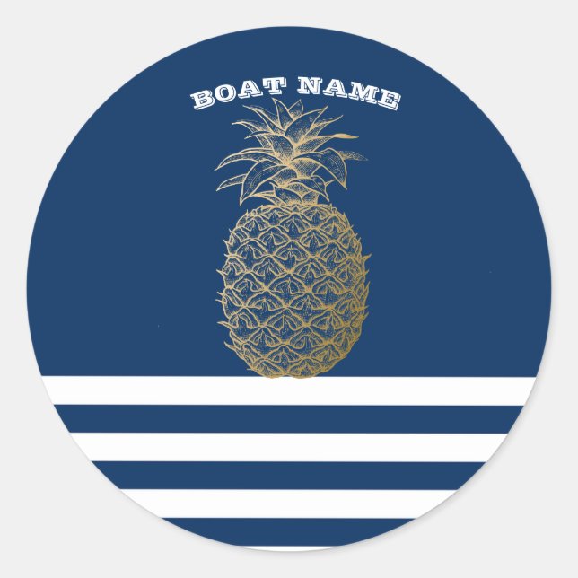 Gold Ananas Nautical Navy Blau Streifen Runder Aufkleber (Vorderseite)