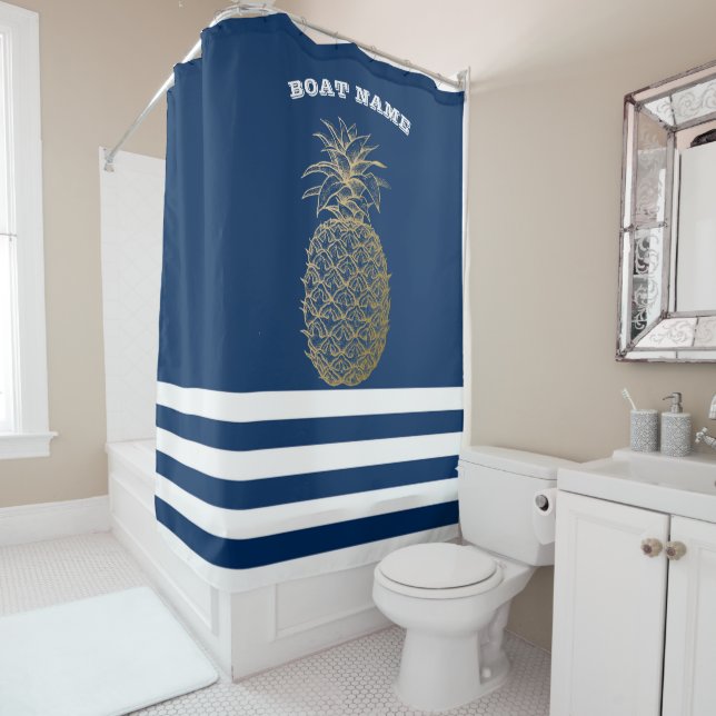 Gold Ananas Navy Blue Striped Duschvorhang (Beispiel)