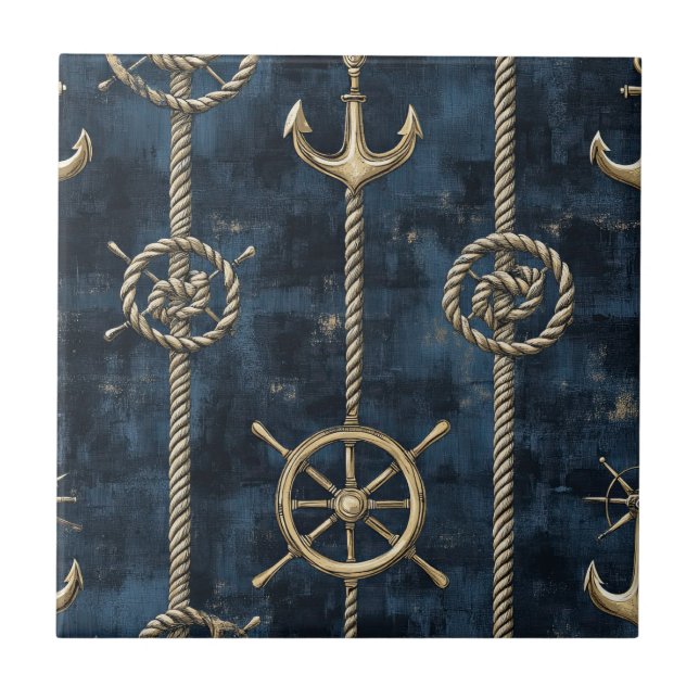 Gold Anchor & Helm Nautical Pattern Fliese (Vorderseite)