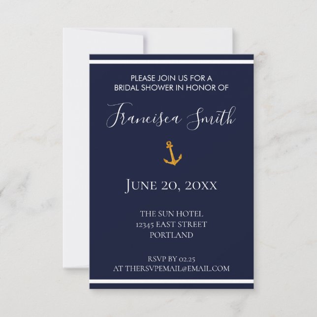 Gold Anchor Nautical Navy Blue Brautparty Einladung (Vorderseite)