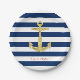 Gold Anchor Navy Blue Stripes Nautic Pappteller