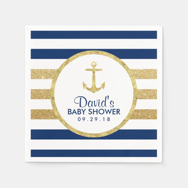 Gold Anchor Navy Gold Stripes Nautical Baby Dusche Serviette (Vorderseite)