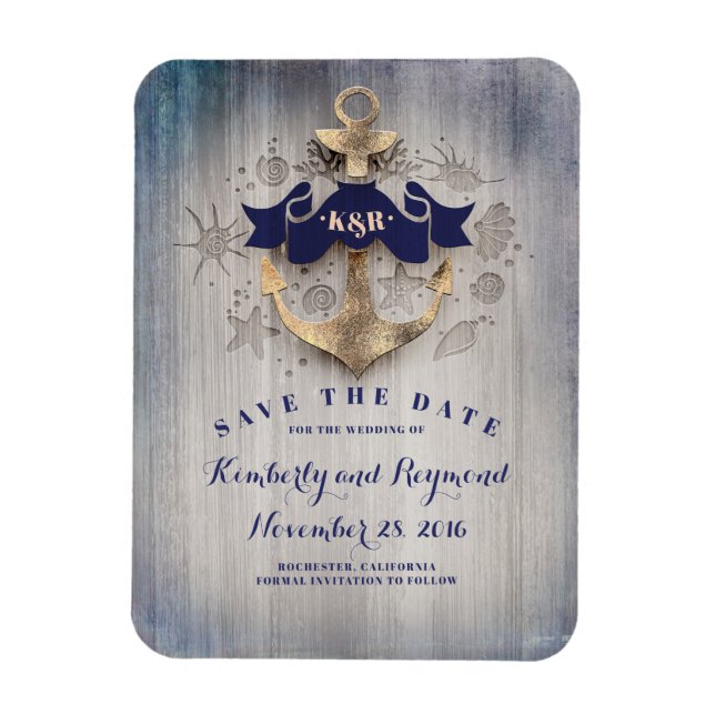 Gold Anchor Navy Nautical Beach Save the Date Magnet (Vertikal)