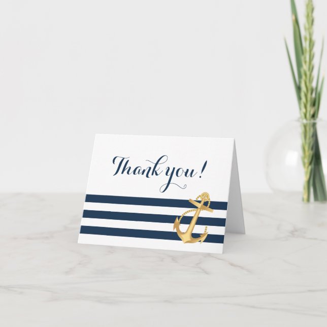 Gold Anchor Navy Stripes Nautic Vielen Dank Dankeskarte (Vorderseite)