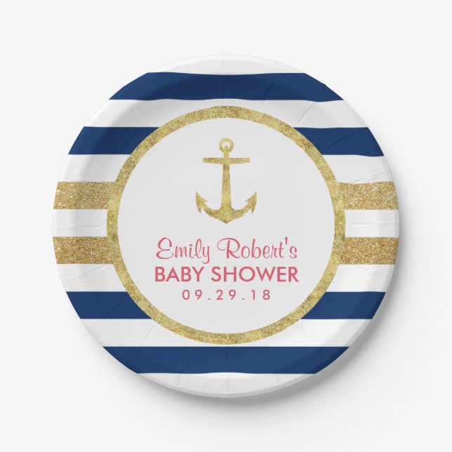 Gold Anchor Navy Stripes Nautical Baby Dusche Pappteller (Vorderseite)
