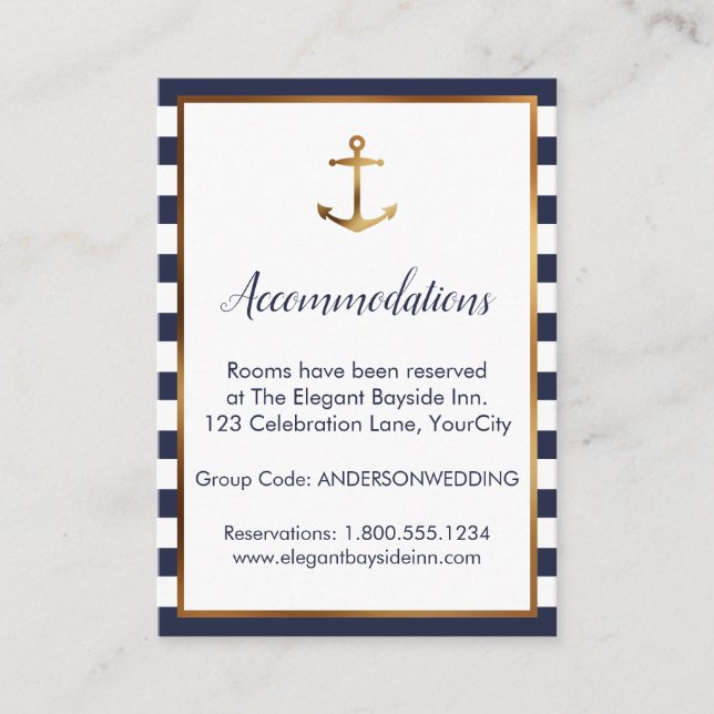 Gold Anchor Navy White Stripes Unterkunftskarten Begleitkarte (Vorderseite)