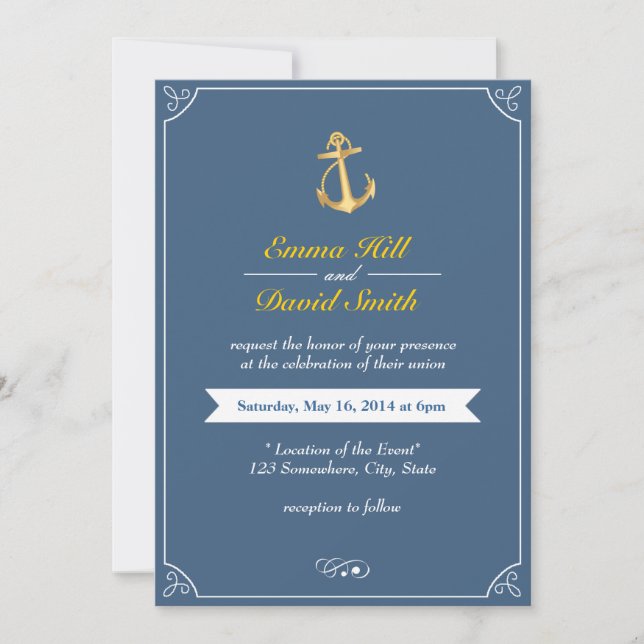 Gold Anchor Royal Blue Nautical Wedding Invites Einladung (Vorderseite)