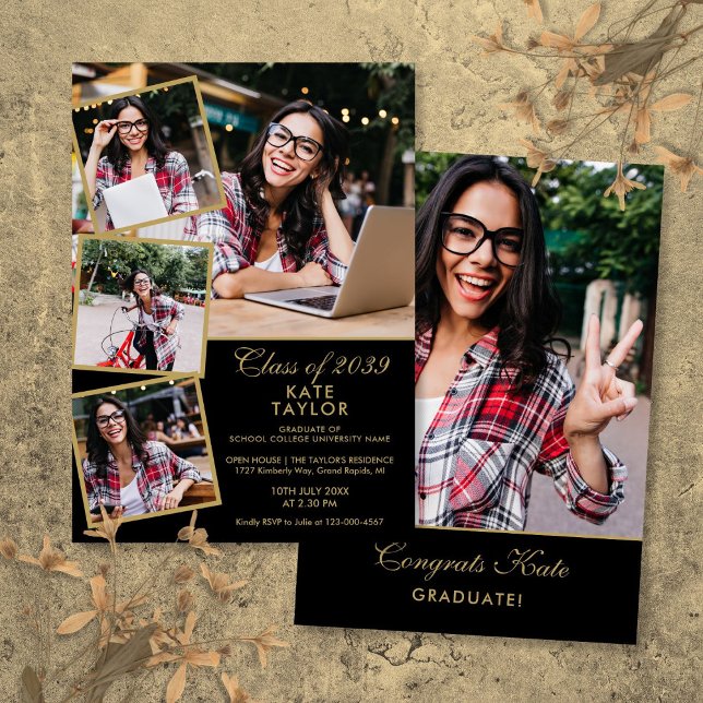 Gold and Black 5 Foto Collage Graduation Party Einladung (Gold And Black 5 Photo Collage Graduation Party Invitation)
