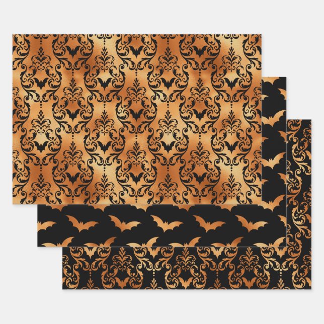Gold and Black Bat Halloween Damask Geschenkpapier Set (Set)