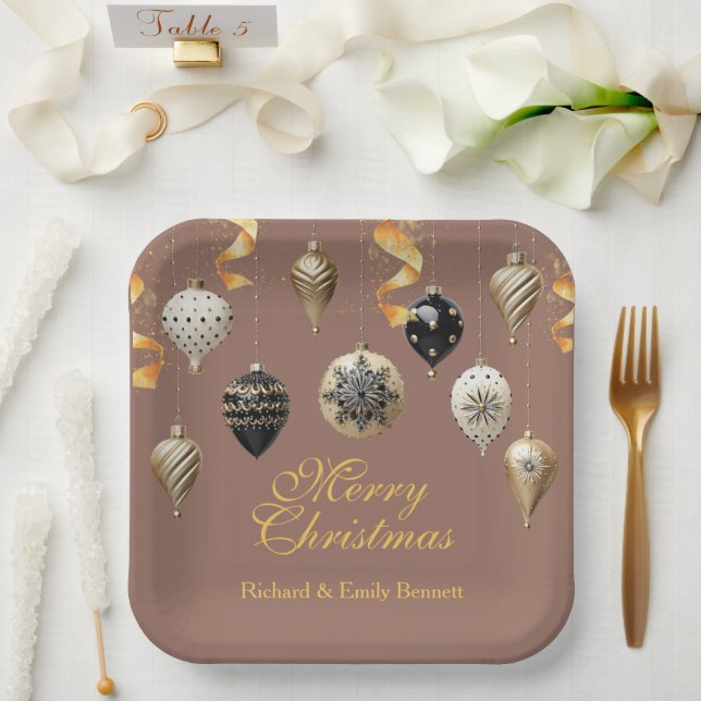 Gold and Black Christmas Baubles Pappteller (Hochzeit)