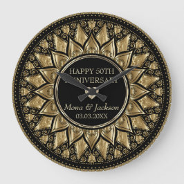Gold And Black Floral Mandala Große Wanduhr