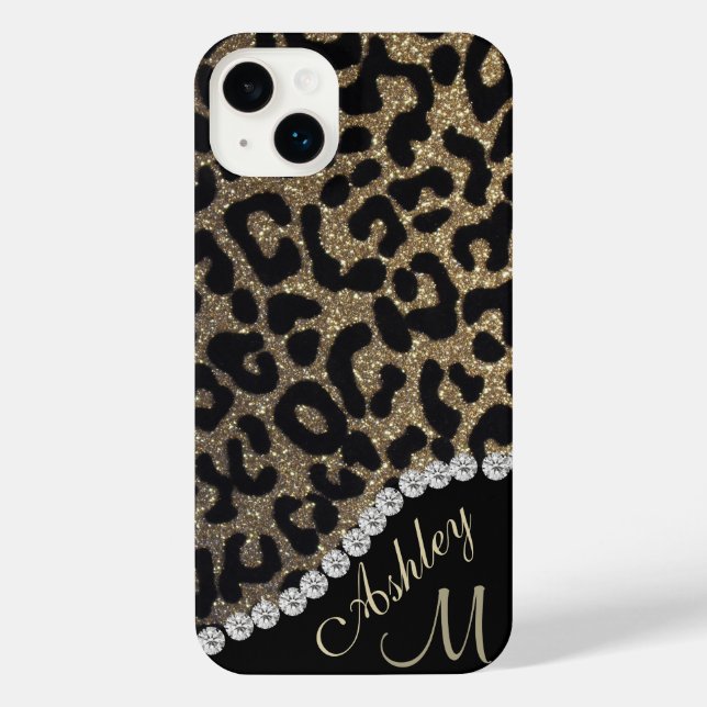 Gold and Black Glitter Leopard Personalized iPhone 14 Plus Hülle (Rückseite)