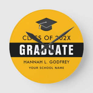 Gold and Black Graduation Congrats Custom Runde Wanduhr