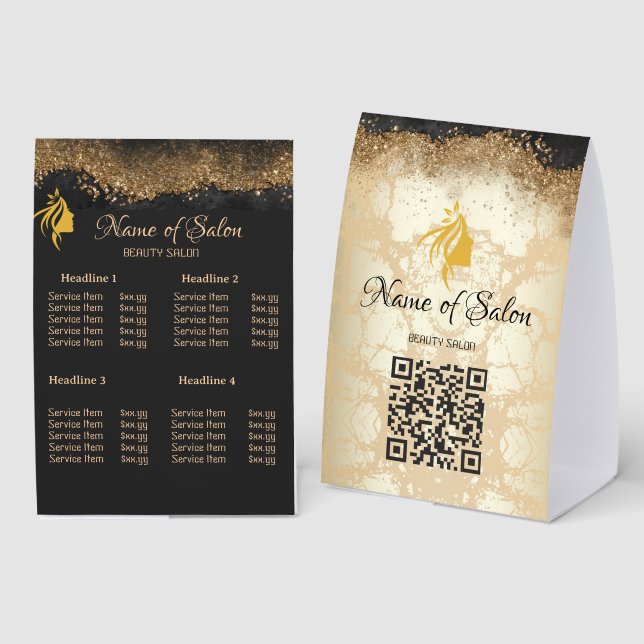  Gold and black SalonQR code Price Table Tent Sign Tischaufsteller (Vorder-/Rückseite)