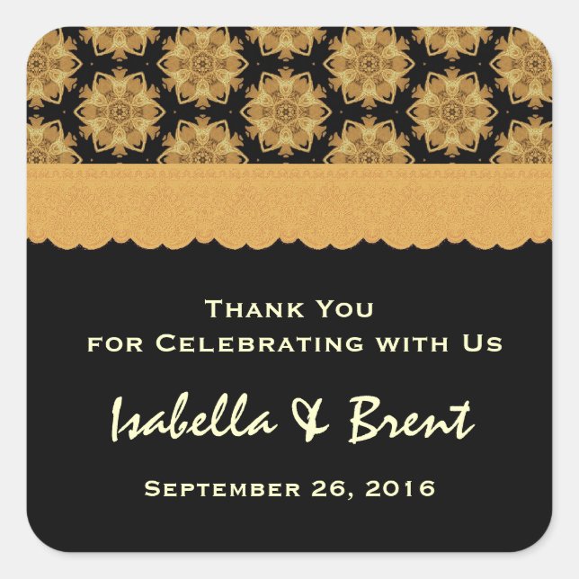Gold and Black Wedding Danke für Hochzeit R354 Quadratischer Aufkleber (Vorderseite)