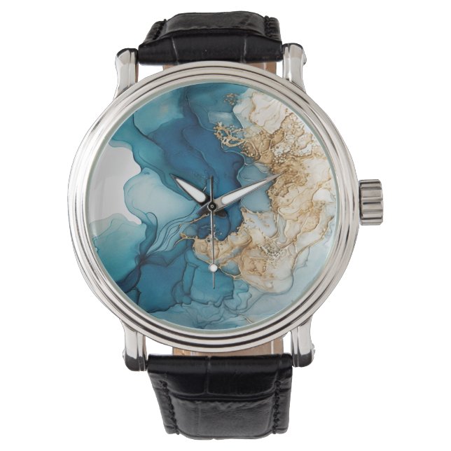 Gold and Blue alcohol ink grunge pattern 1 Armbanduhr (Vorderseite)