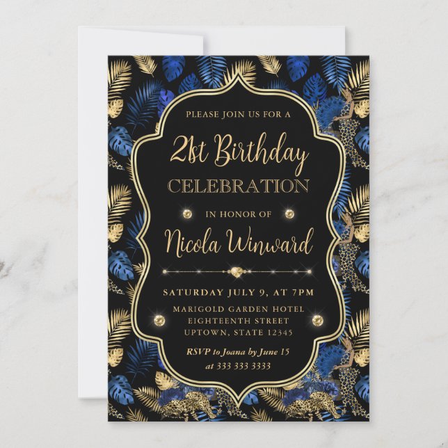 Gold and Blue Leopard Print Birthday Party Einladung (Vorderseite)