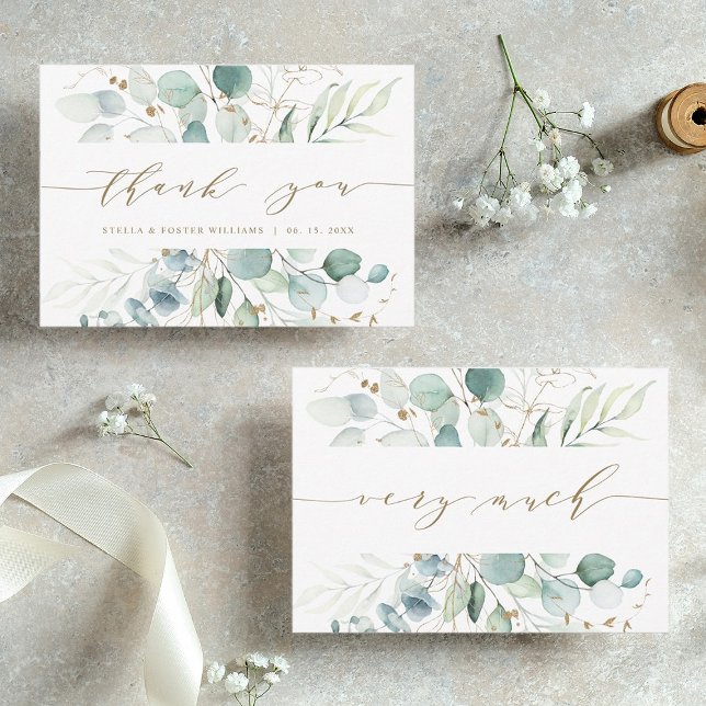 Gold and Green Botanical Wedding Dankeschön Card Dankeskarte (Front & Back)