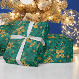 Gold and Green Christmas Poinsettia Flowers Geschenkpapier