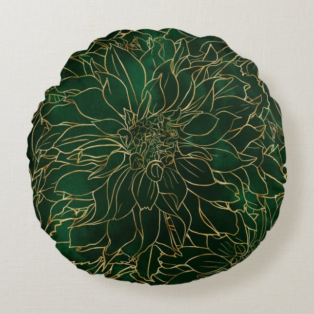 Gold and Green Dahlia Flower Rundes Kissen (Vorderseite)