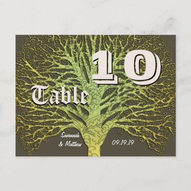 Gold and Green Gray Damask Tree Table Number Postkarte (Vorderseite)
