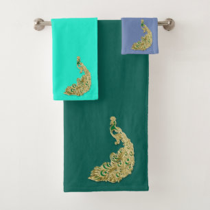 Gold and green peacock glimmering brightly badhandtuch set