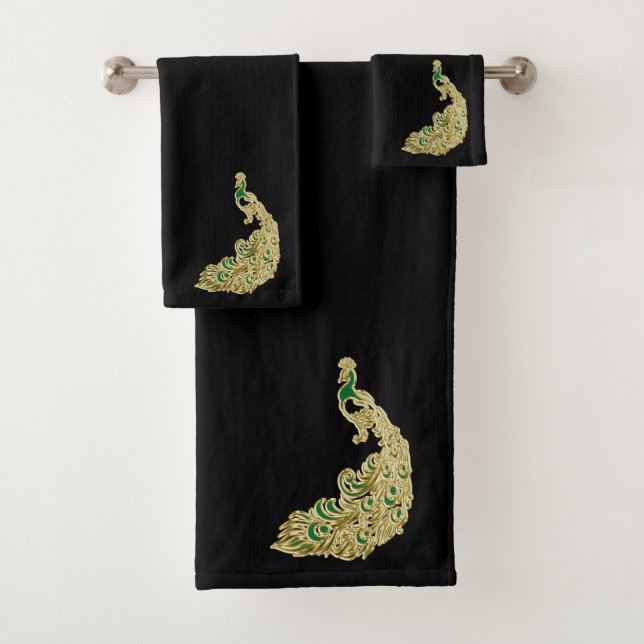 Gold and green peacock glimmering brightly badhandtuch set (Insitu)