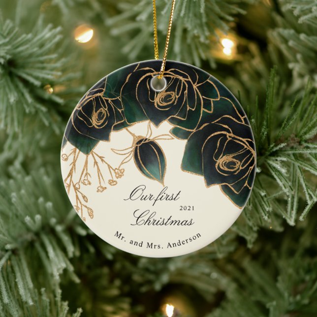 Gold and Green Roses Our Christmas Foto Keramik Ornament (Baum)
