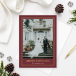 Gold and Merlot Red Decorative Photo Border Folien Feiertagskarte<br><div class="desc">Simply elegant holiday photo card features a portrait picture with a decorative yet minimalistic gold foil border frame of intersecting stripes. Includes "Merry Christmas" wording in beautiful scrolling serif typography with merlot / burgundy wine red colored background - can be modified. Bonus optional photo and wording can be personalized on...</div>