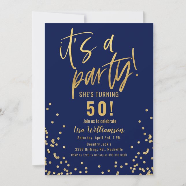 Gold and Navy Blue 50th Birthday Party Invitation (Devant)
