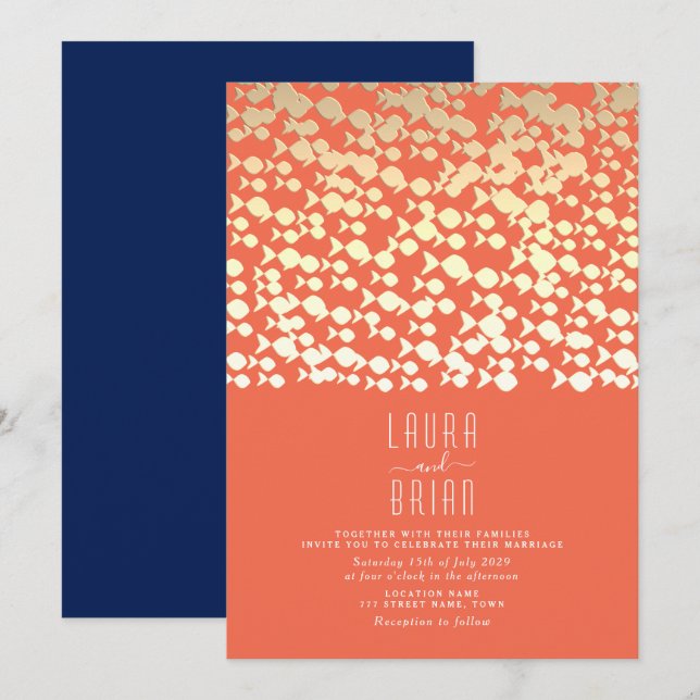 Gold and Navy Blue Beach Wedding Invitation (Devant / Derrière)