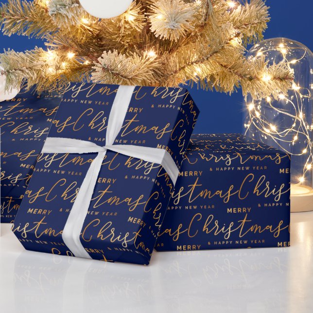 Gold and Navy Blue Merry Christmas Word Art Geschenkpapier (Feiertage)