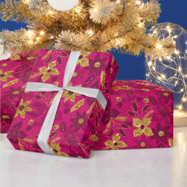 Gold and Pink Christmas Poinsettia Flowers Geschenkpapier