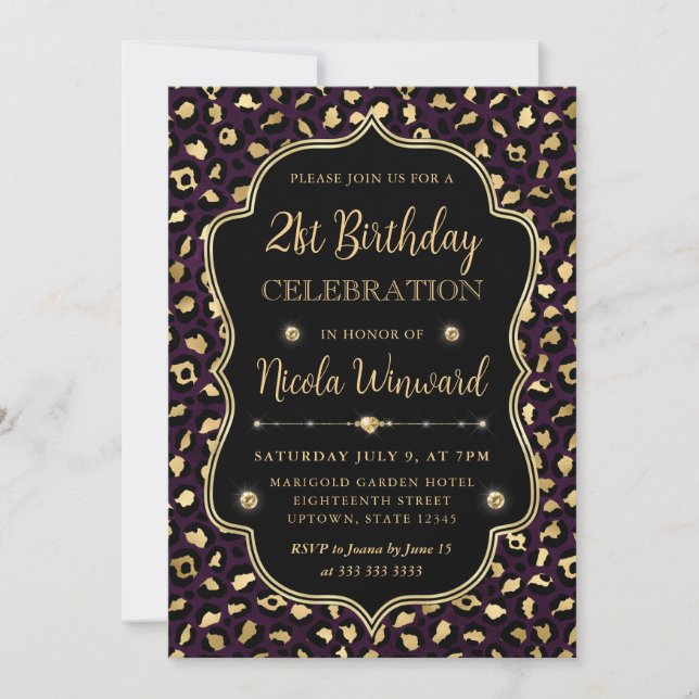 Gold and Purple Leopard Print Birthday Party Einladung (Vorderseite)