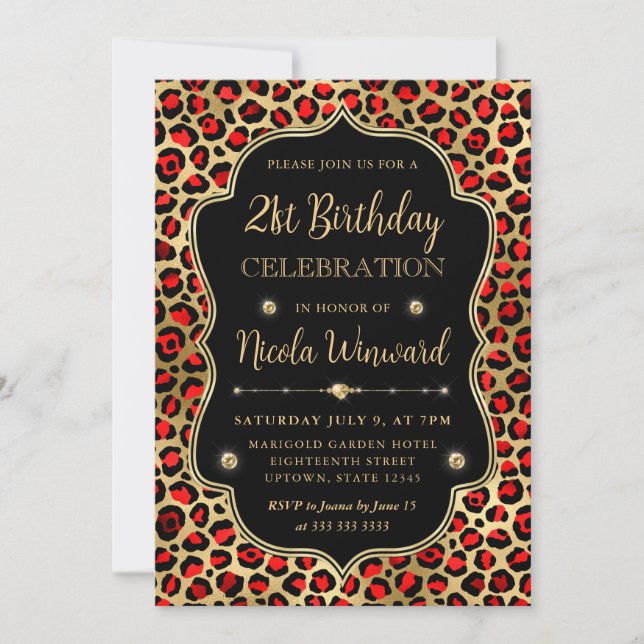 Gold and Red Leopard Print Birthday Party Einladung (Vorderseite)