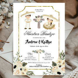 Gold and White Floral Sibling Boy and Girl Bautizo Einladung