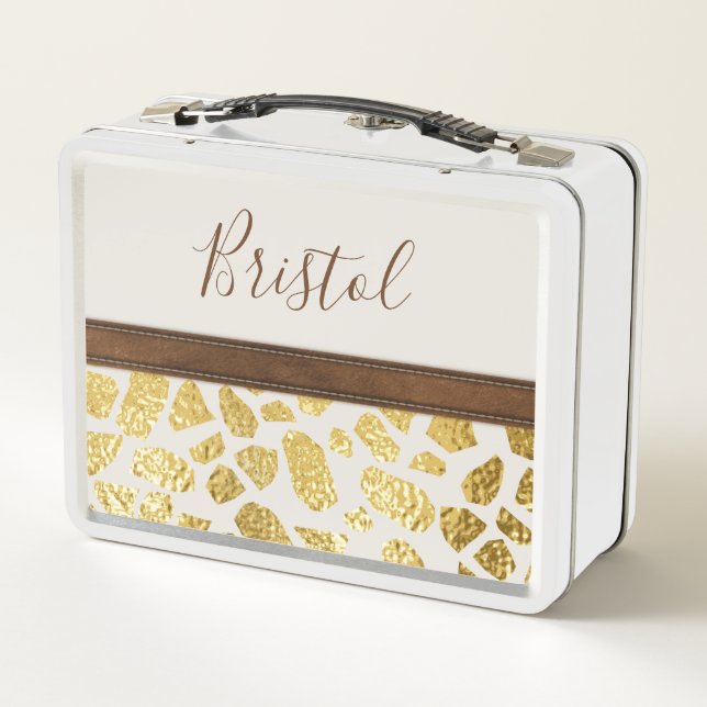 Gold Animal Print Imitate Leather Trimm Personalis Metall Brotdose (Rückseite)