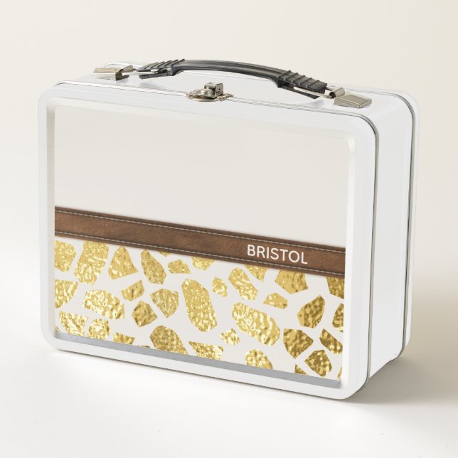 Gold Animal Print Imitate Leather Trimm Personalis Metall Brotdose (Vorderseite)